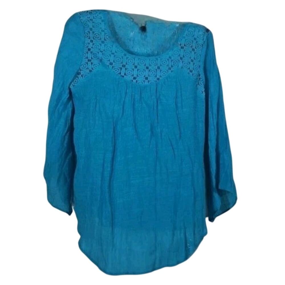 Coastal Boho Alyx Turquoise Peasant Top M Gauzy Tunic Lace Collar Cottagecore